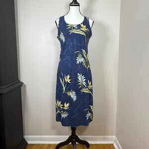 Vintage Paradise Found Womens Hawaiian Midi Dress M Blue Tropical Sleeveless
